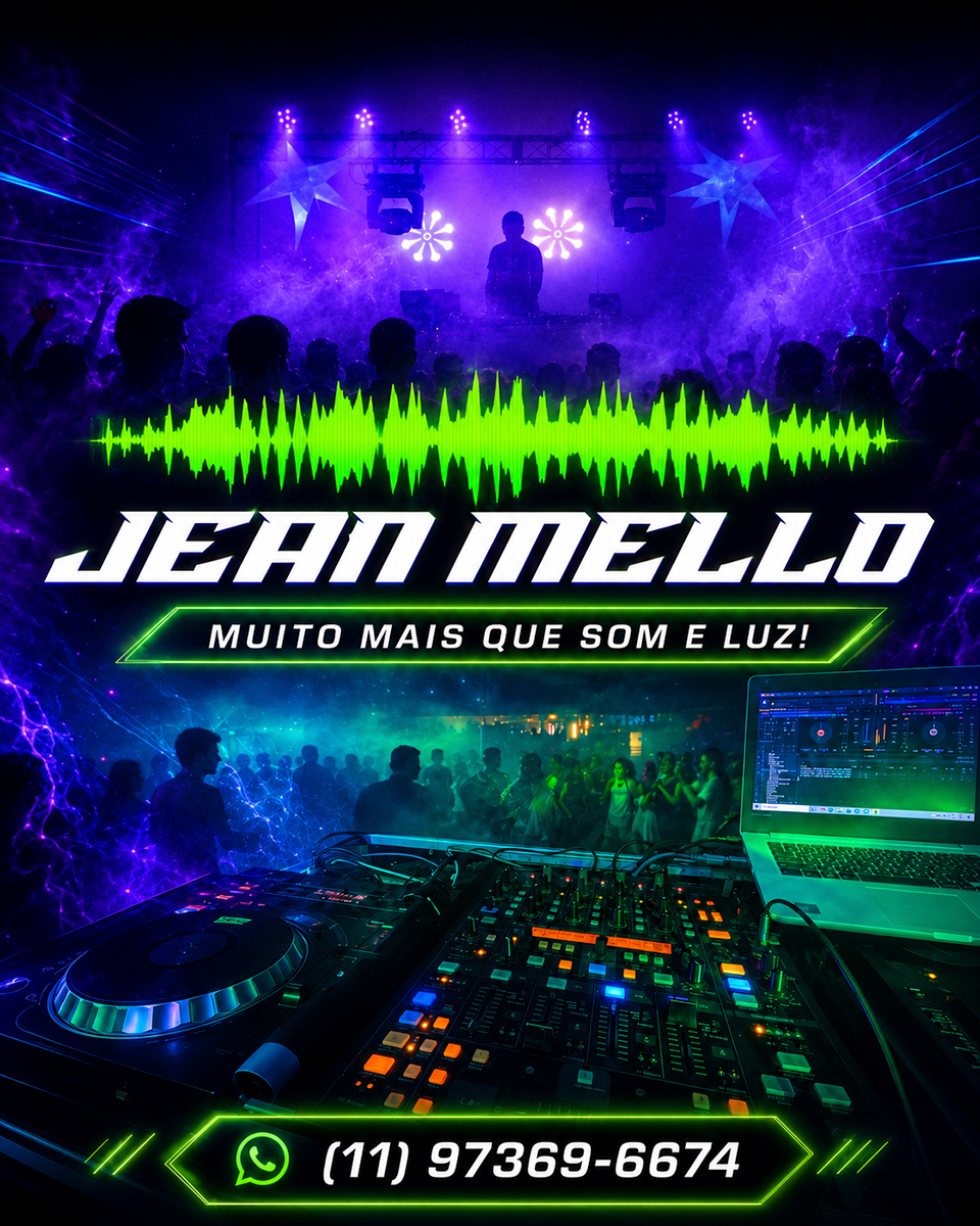 DJ Jean Mello em a��o, iluminando a pista de dan�a com luzes coloridas.