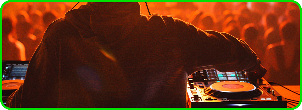 Detalhe da mesa de DJ com equipamentos de som e luz.