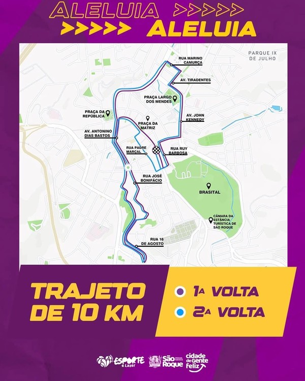 Mapa detalhado do trajeto de 10 km da Corrida de Aleluia, com cores indicando as voltas. Destaque para ruas e pontos turísticos da cidade.
