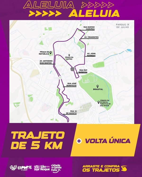 Mapa mostra o trajeto de 5 km da Corrida de Aleluia, com pontos de referência como praças e ruas, indicando volta única.