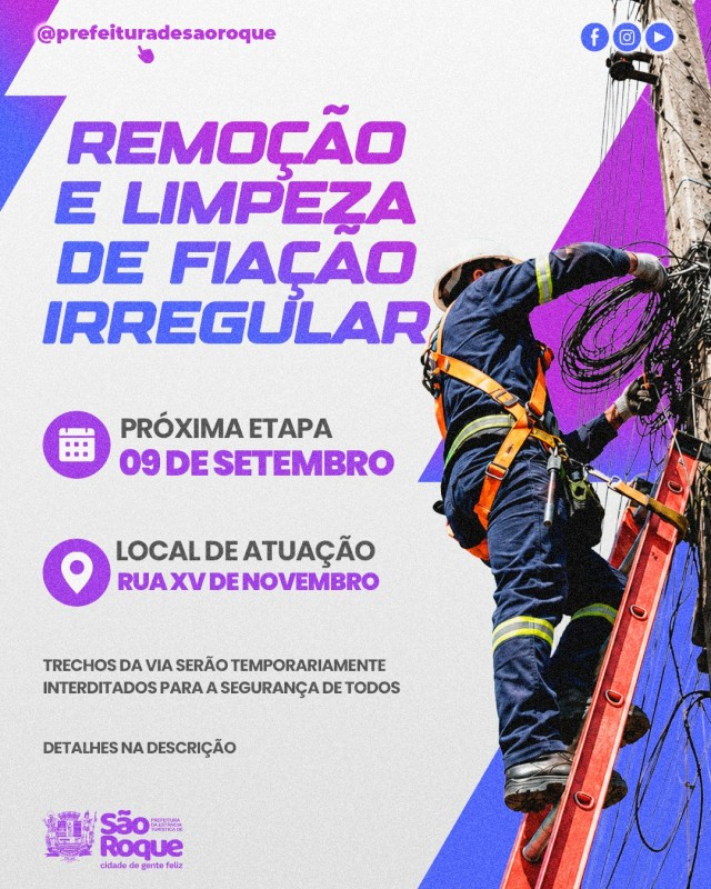 Operação para retirada de fios irregulares segue para Rua XV de Novembro