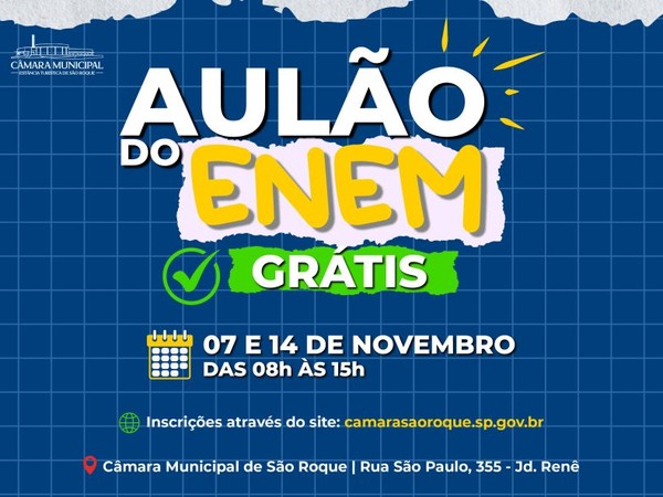 Estudantes terão dois aulões gratuitos de véspera para o ENEM 2026 na Câmara Municipal